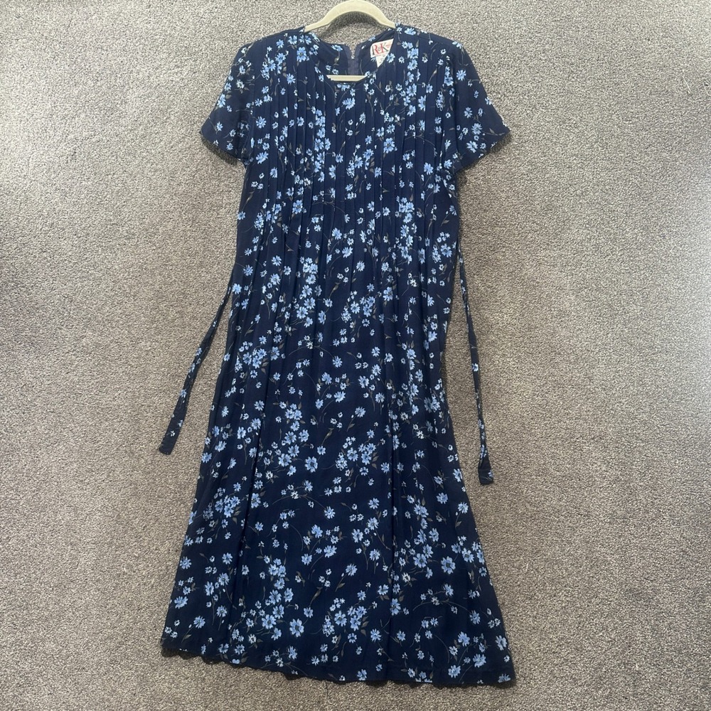 Vintage 90s R&K Midi Dress 8P Blue Floral Pintuck Rayon Prairie Grunge Cottage